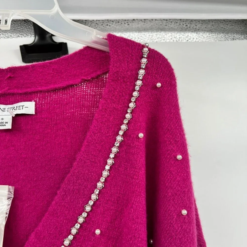 99 Jane Street Womens Knit Cardigan Pearls Button Up Fuchsia Size Small New